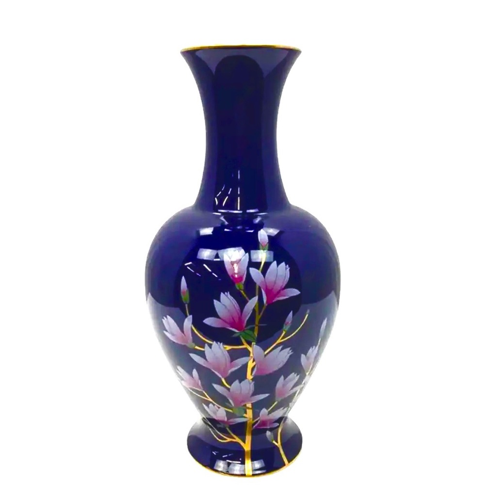 Vintage Fukagawa Koransha Cobalt Blue Vase Gold Irises Japanese w/ box